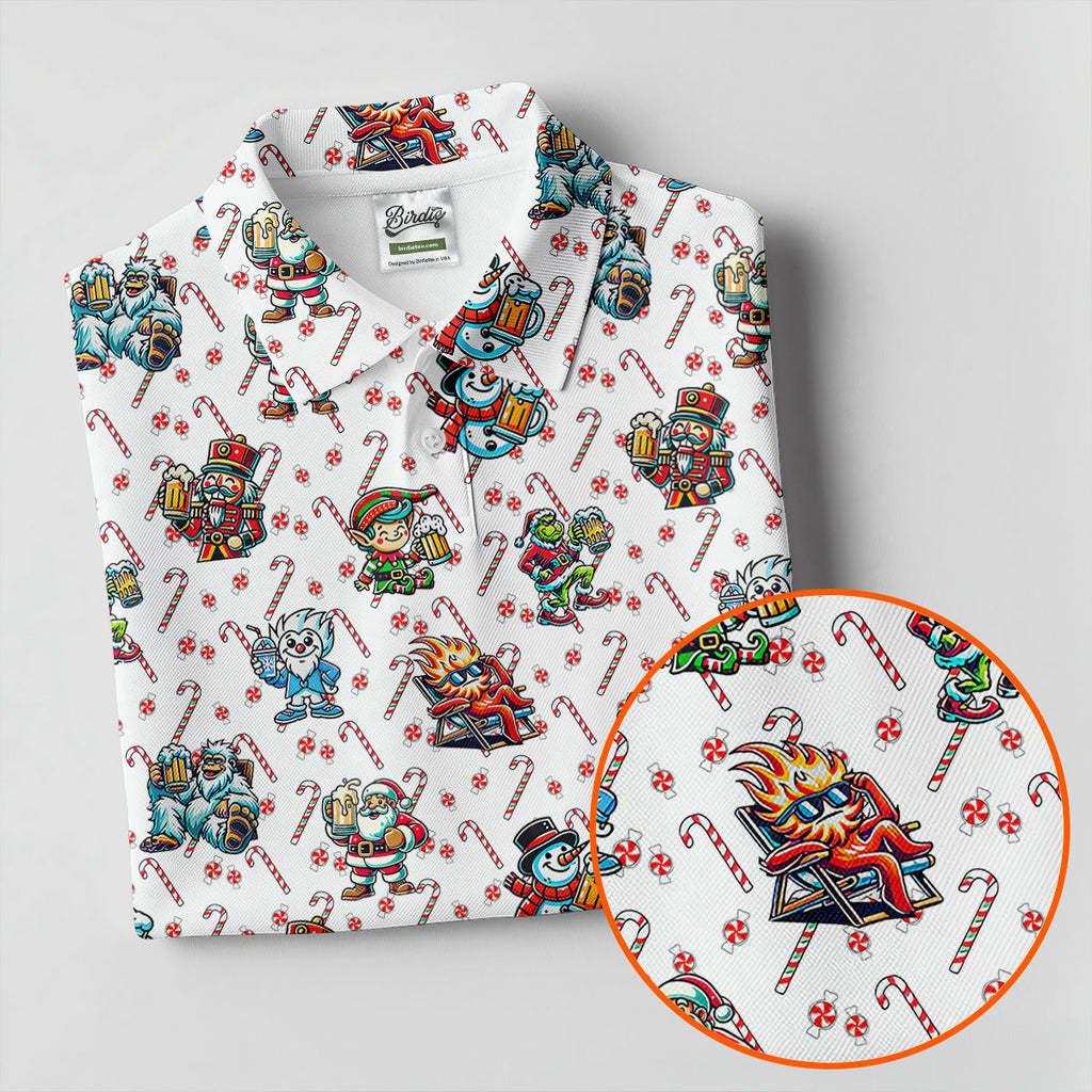 Christmas Character Beer Candy Cane Pattern Golf Tops For Men, Christmas Golf Shirt, Polo Shirts For Men