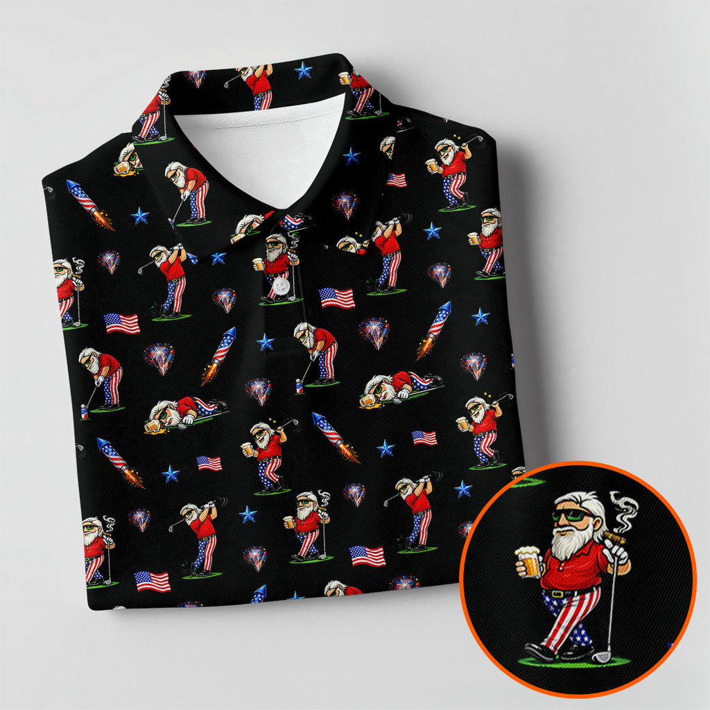 4th Of July Funny Man Golf And Beer Black Golf Shirt, Patriotic Golf Shirt, 250th Anniversary Golf Shirts For Men