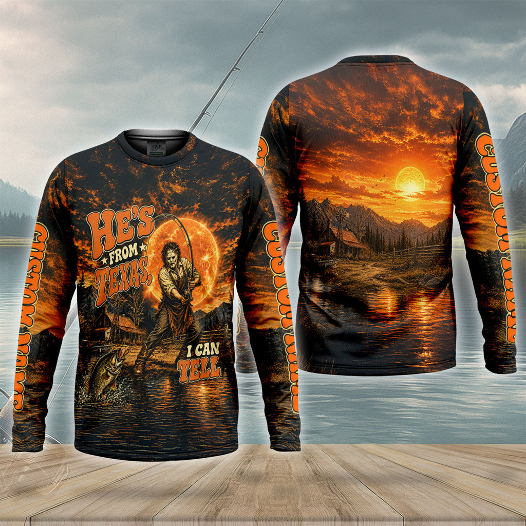 He's From Texas I Can Tell Horror Character UPF Shirt, Mens Fishing Shirt, Halloween Fishing Shirt