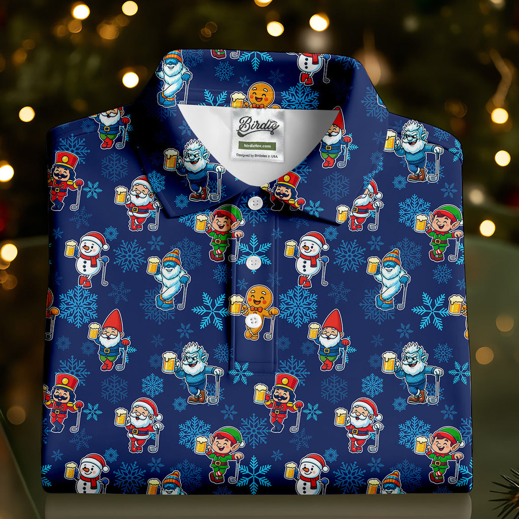 Christmas Characters Golf And Beer Navy Men's Funny Golf Shirts, Christmas Golf Shirt, Polo ShirtFor Men