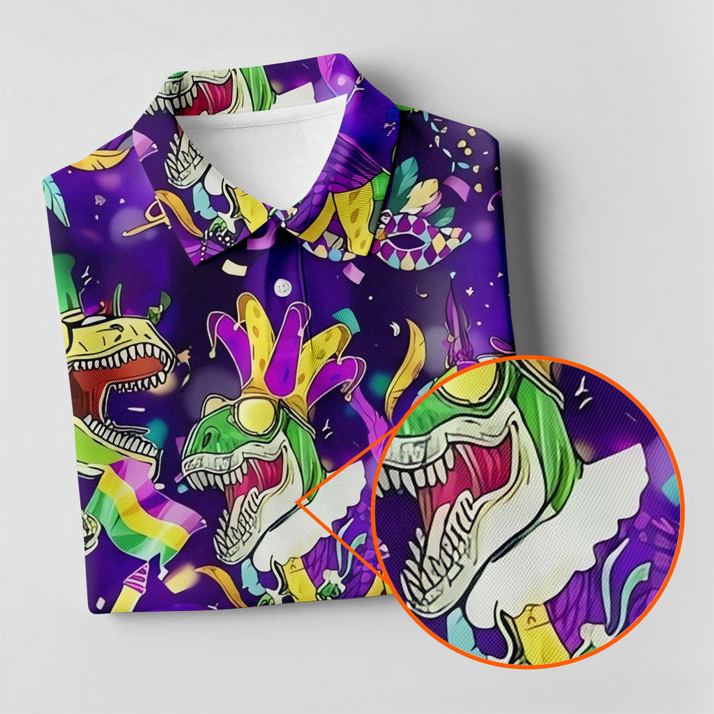 Mardi Grawr Purple Green Gold Funny Dinosaur Mardi Gras Golf Shirt, Golf Shirts For Men, Polo Shirts For Men