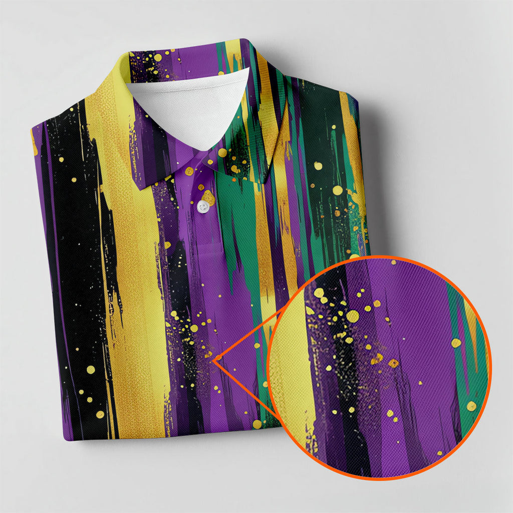 Green Purple Gold Splatter Effect Mardi Gras Golf Shirt, Polo Shirts For Men, Golf Shirts For Men
