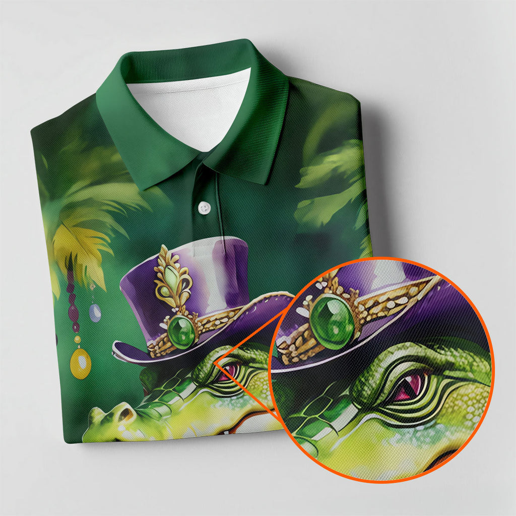 Mardi Gras Alligator Green Golf Shirt, Men's Funny Golf Shirts, Polo Shirts For Men, Golf Shirts For Men