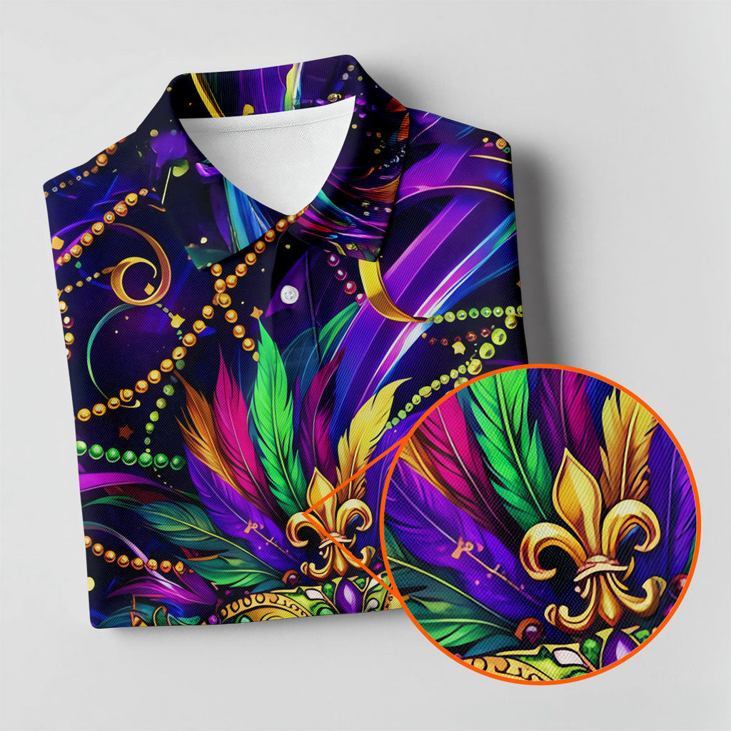 Mardi Gras Beads Ribbons Feather Masquerade Mask Print Golf Shirt, Golf Polo Shirts, Golf Tops For Men