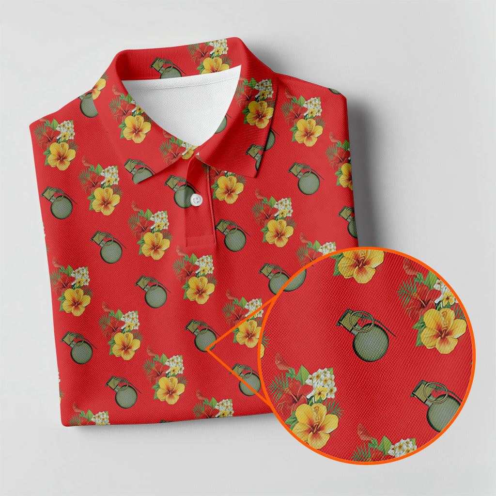 Hibiscus Flowers Green Grenades Seamless Pattern Red Golf Shirt, Golf Tops For Men, Golf Shirts For Men