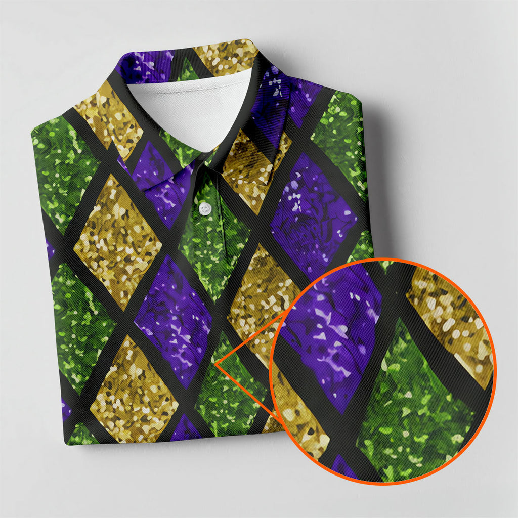 Green Purple Gold Argyle Pattern Sparkling Effect Mardi Gras Golf Shirt, Polo Shirts For Men, Golf Shirts For Men