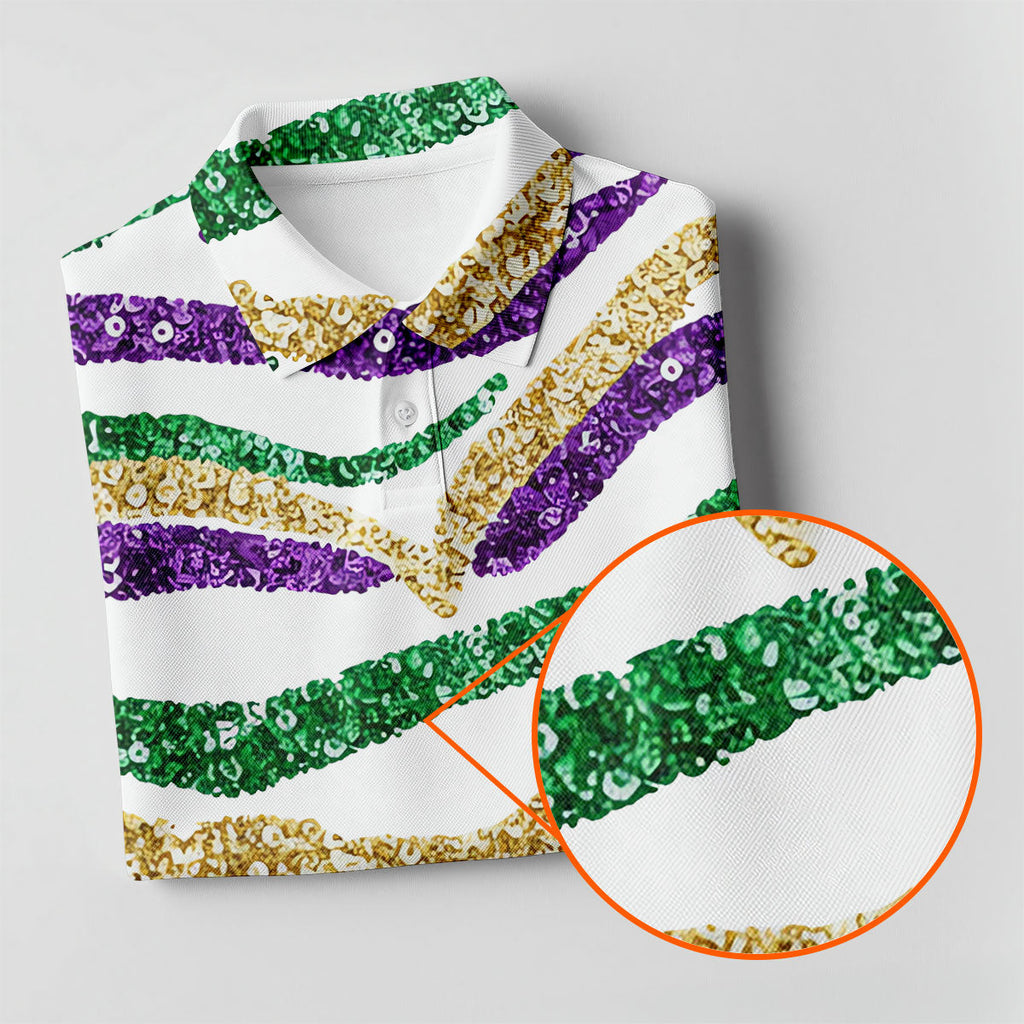 Purple Green Gold Sequin Pattern White Mardi Gras Golf Shirt, Polo Shirts For Men, Golf Shirts For Men