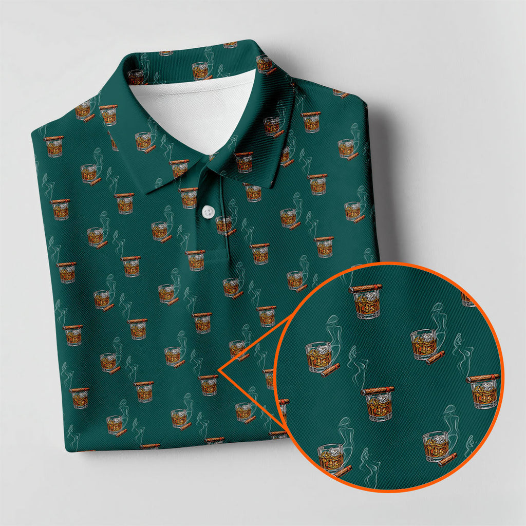Smoke Whiskey Green Golf Shirt, Golf Whiskey Polo Shirts For Men, Golf Shirts For Men