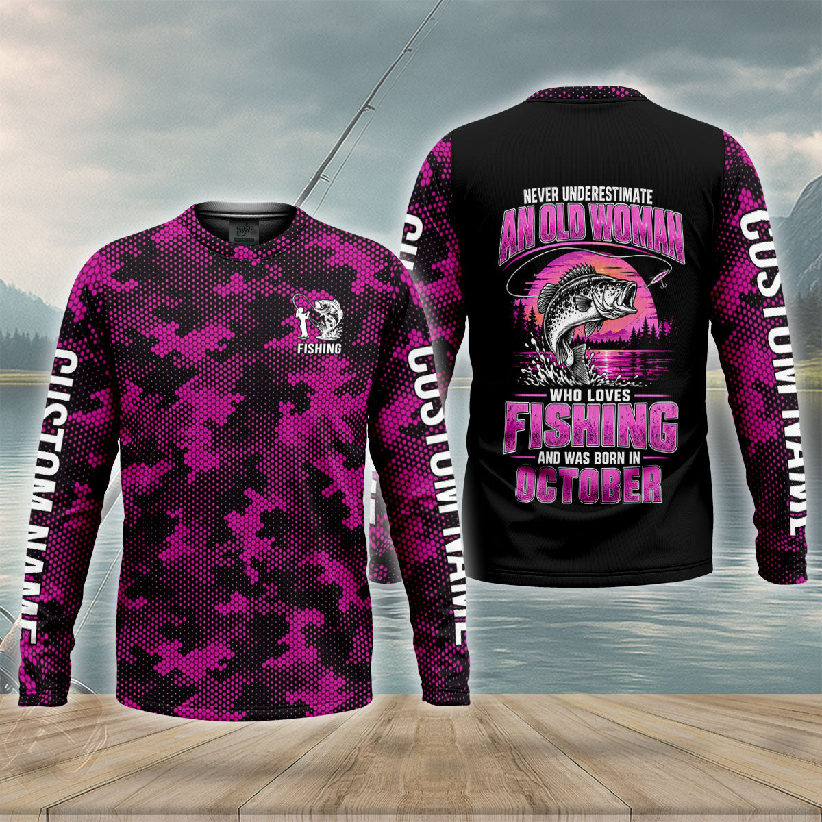 Never Underestimate An Old October Fishing Woman UPF Shirt, Mens Fishing Shirt