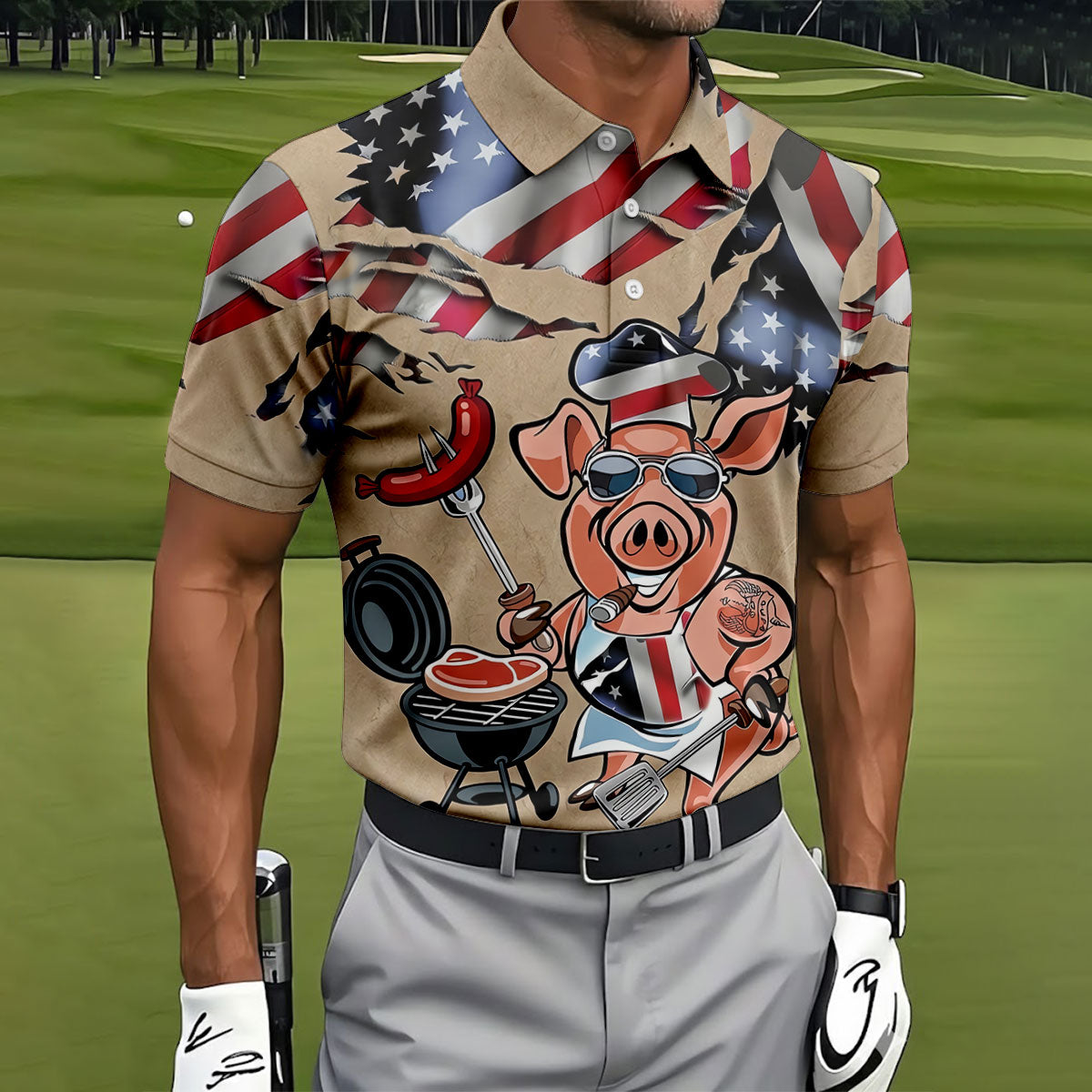 Patriotic American Flag Funny BBQ 250th Anniversary Dark Beige Polo Shirts For Men, Golf Shirts For Men