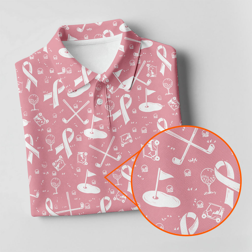 Awareness Ribbon Light Pink And White Golf Shirt, Cancer Awareness Shirt, Ladies Golf Shirts