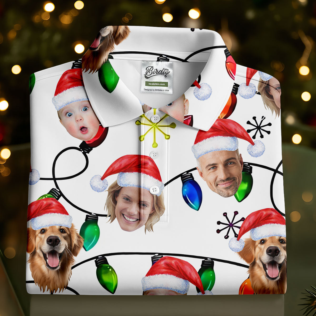 Custom Family Portrait Christmas Lights Pattern Men's Golf Polo Shirts, Christmas Golf Shirt, Golf Gift For Men