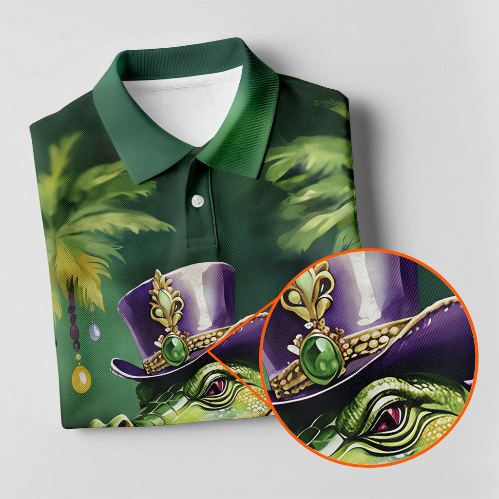 Mardi Gras Alligator Decorated Palm Tree Print Golf Shirt, Polo Shirts For Men, Golf Shirts For Men