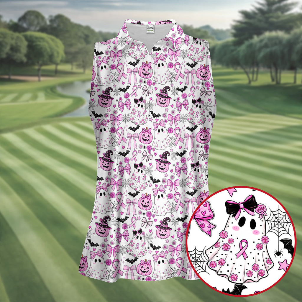 Pink Breast Cancer Witch Halloween Golf Polo Shirt, Womens Golf Polo, Golf Shirts For Women
