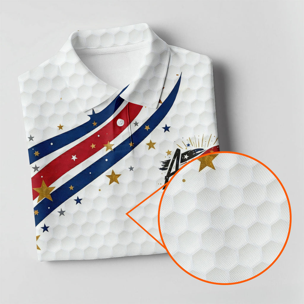 Red White Blue Wavy Stripes Golf Ball Pattern Patriotic Golf Shirt, 250th Anniversary Golf Shirts For Men
