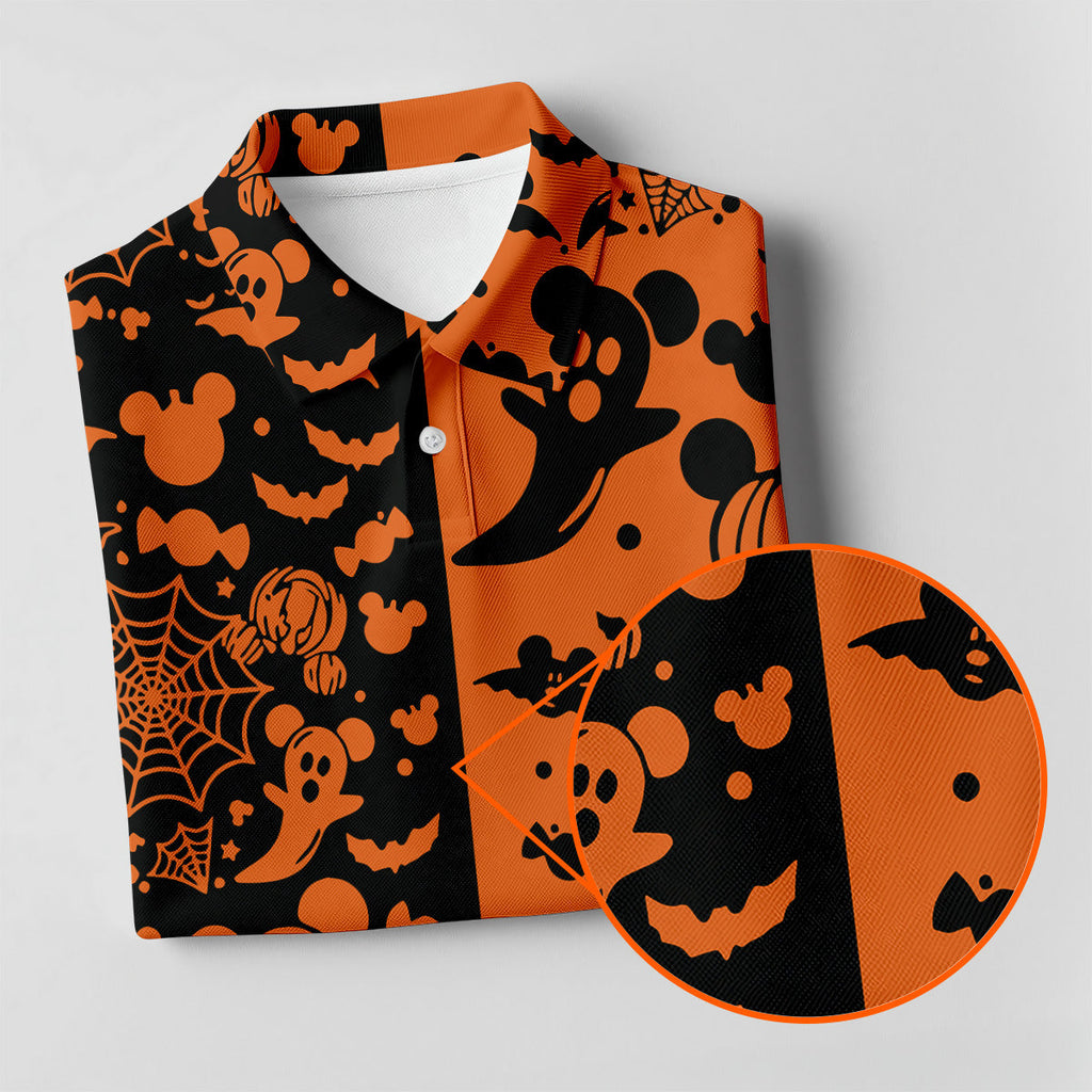 Cute Animated Ghost Black And Orange Halloween Golf Shirt, Fun Golf Shirts For Men, Polo Shirts For Men