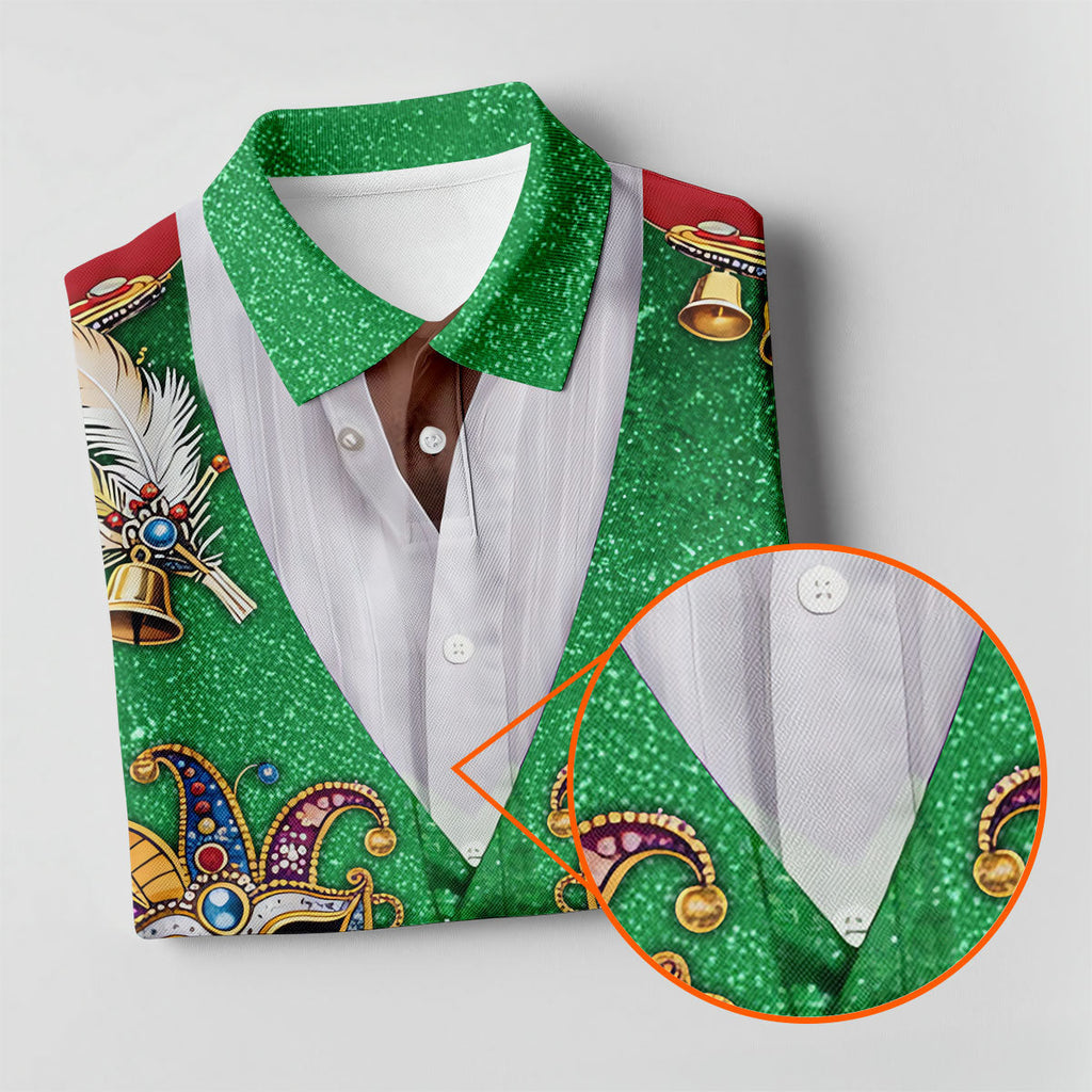 Masquerade Mask Feather Mardi Gras Glitter Print Green Golf Shirt, Polo Shirts For Men, Golf Shirts For Men