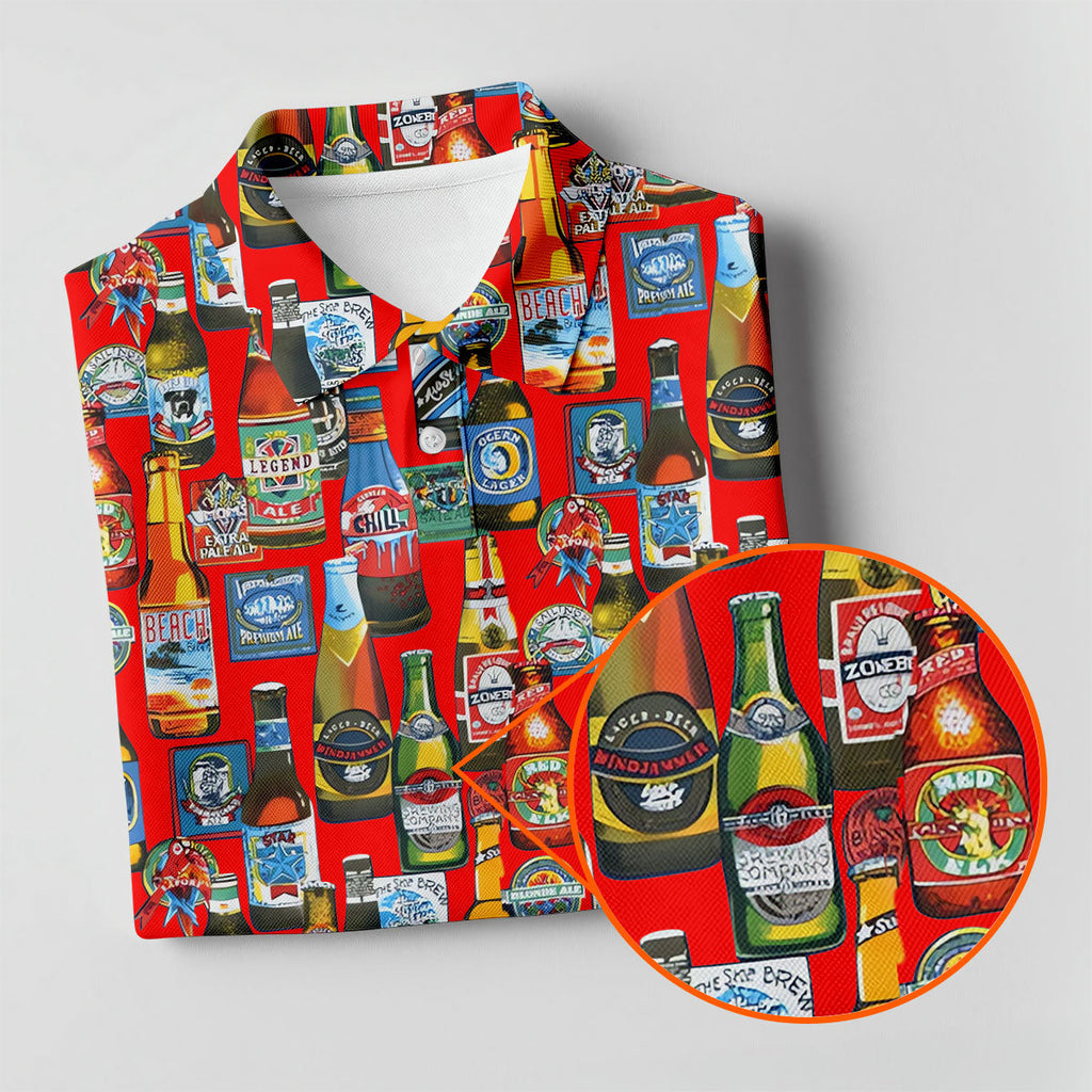 Beer Bottle Labels Red Golf Shirt, Men's Funny Golf Shirts, Golf Tops For Men, Golf Shirts For Men