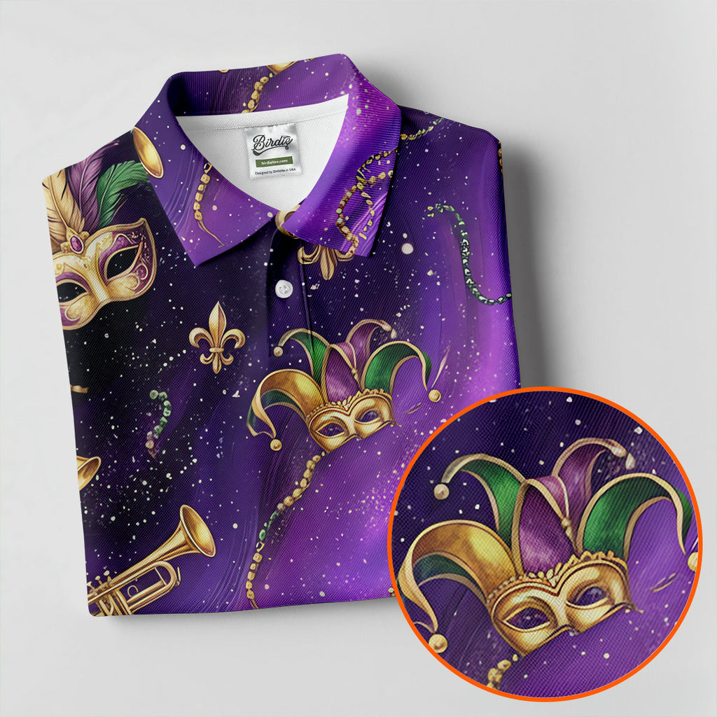 Golden Fleur De Lis Trumpet And Saxophone Mardi Gras Masquerade Mask Purple Golf Shirt, Golf Shirts For Men