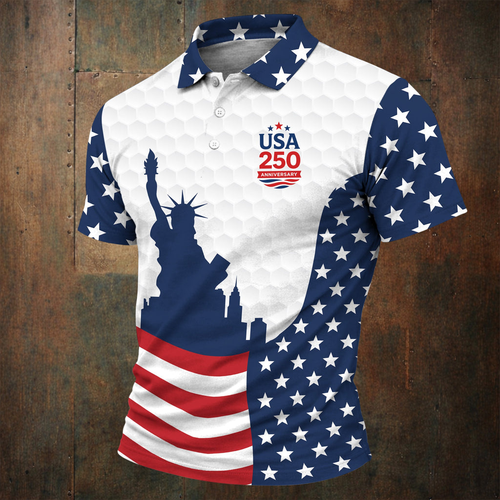 USA 250 Anniversary Silhouette Of Statue Of Liberty White Golf Shirt, 4th Of July Golf Shirts For Men