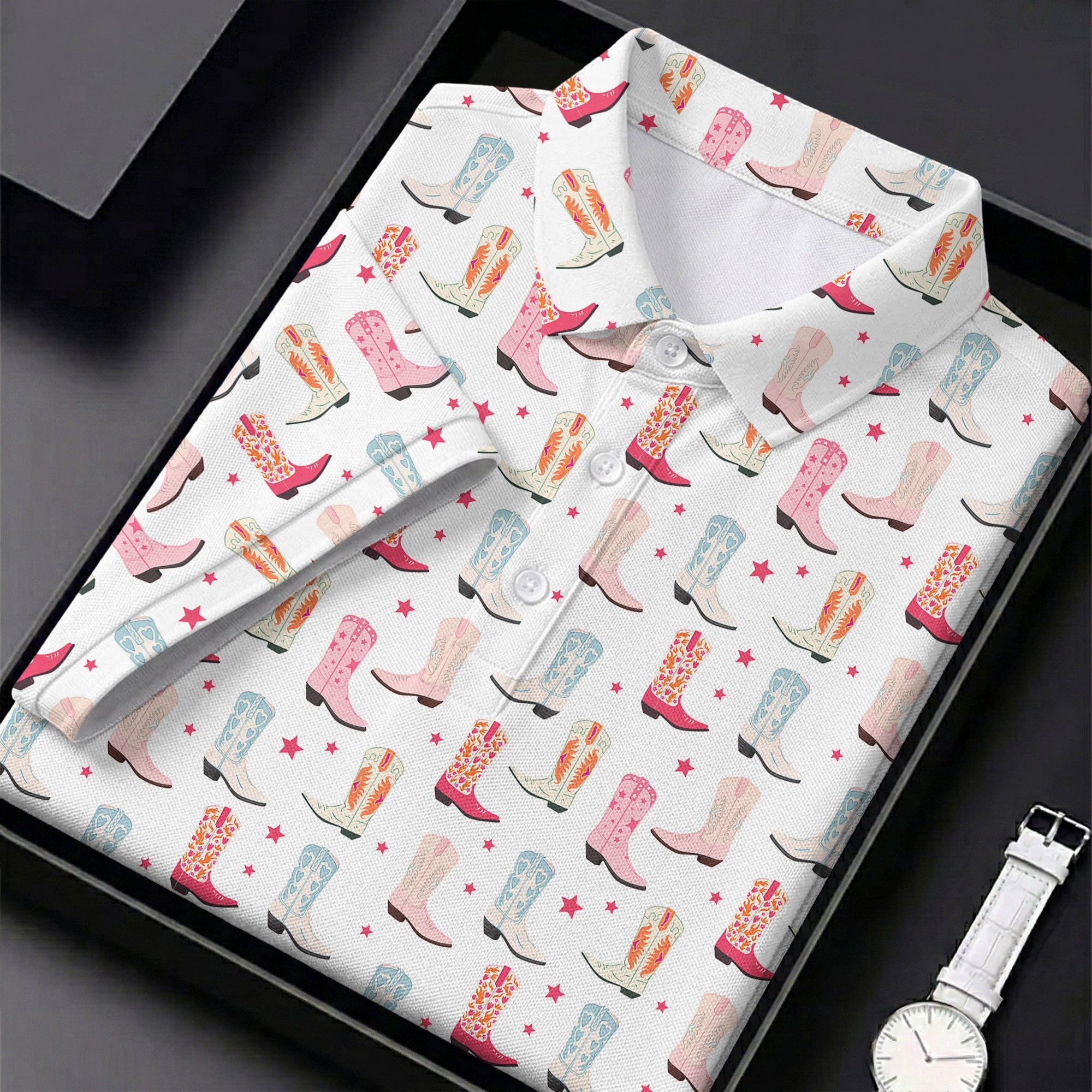 Western Boot Pattern Pastel Shades Retro Golf Shirt, Polo Shirts For Men, Golf Shirts For Men