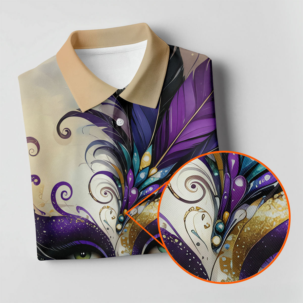 Feather Mask Mardi Gras Golf Shirt, Purple And Beige Golf Shirts For Men, Polo Shirts For Men