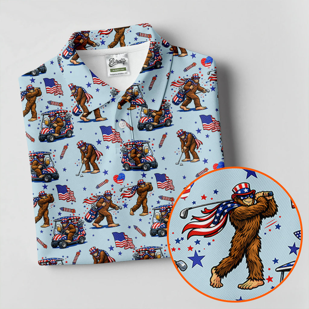 Funny Bigfoot 4th Of July American Flag Pattern Light Blue Golf Shirts For Men, 250th Anniversary Patriotic Golf Shirt