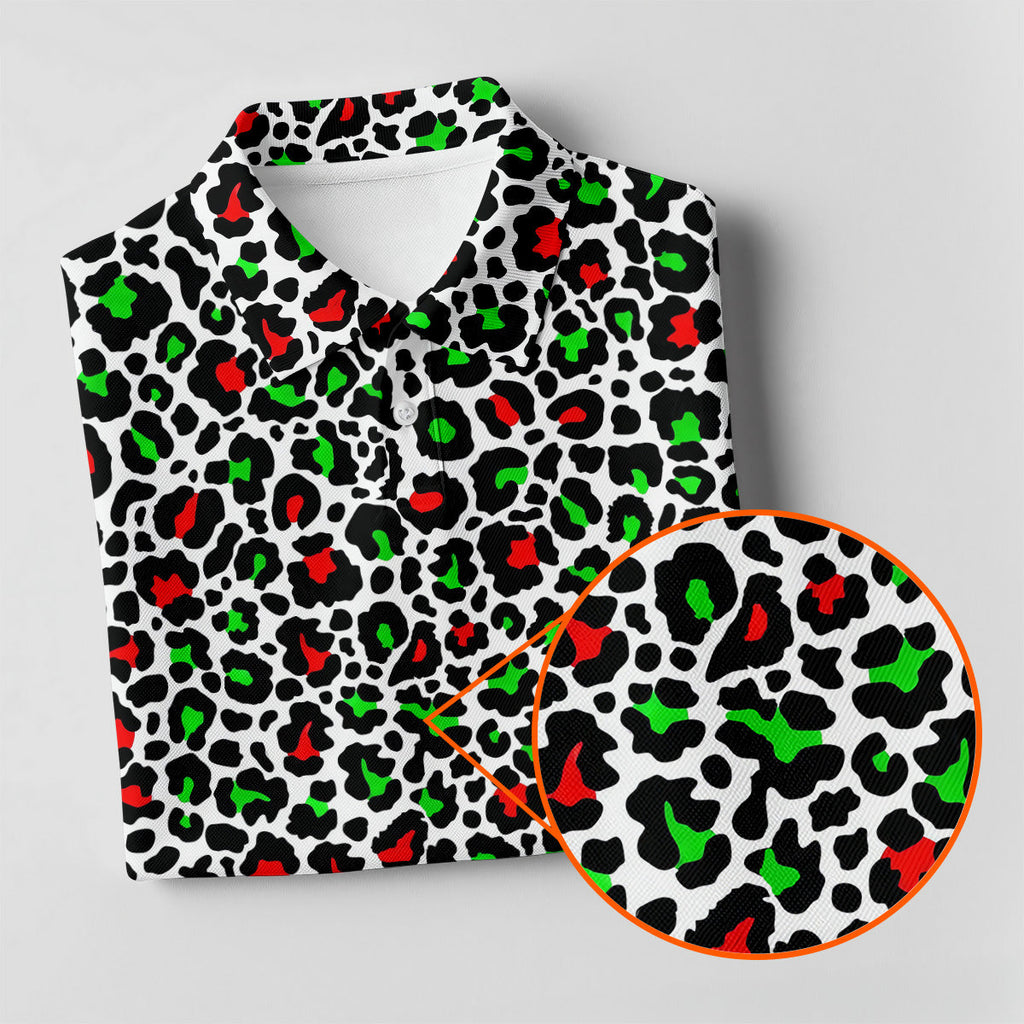 Leopard Pattern Xmas Pine Tree Green And Red Golf Tops For Men, Christmas Golf Shirt, Polo Shirts For Men