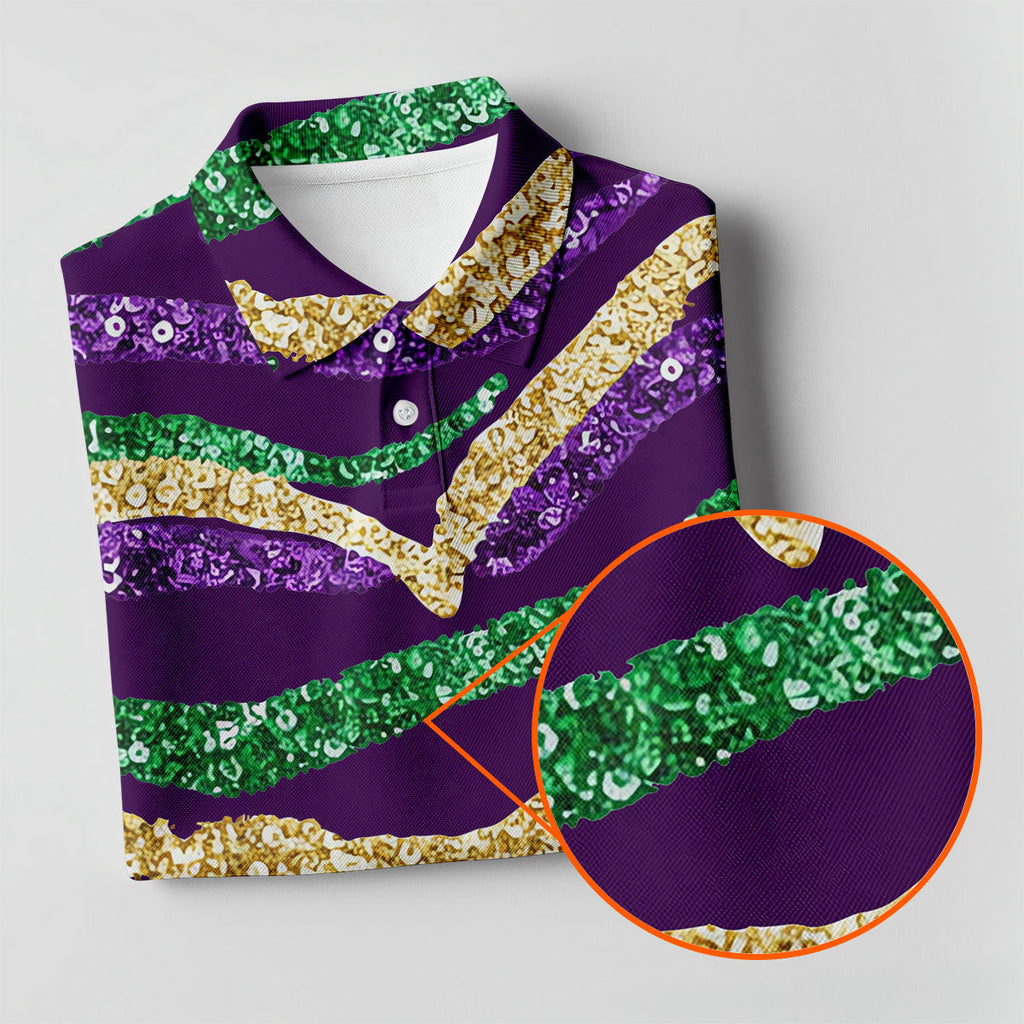 Purple Green Gold Sequin Pattern Purple Golf Shirt, Mardi Gras Golf Shirt, Polo Shirts For Men