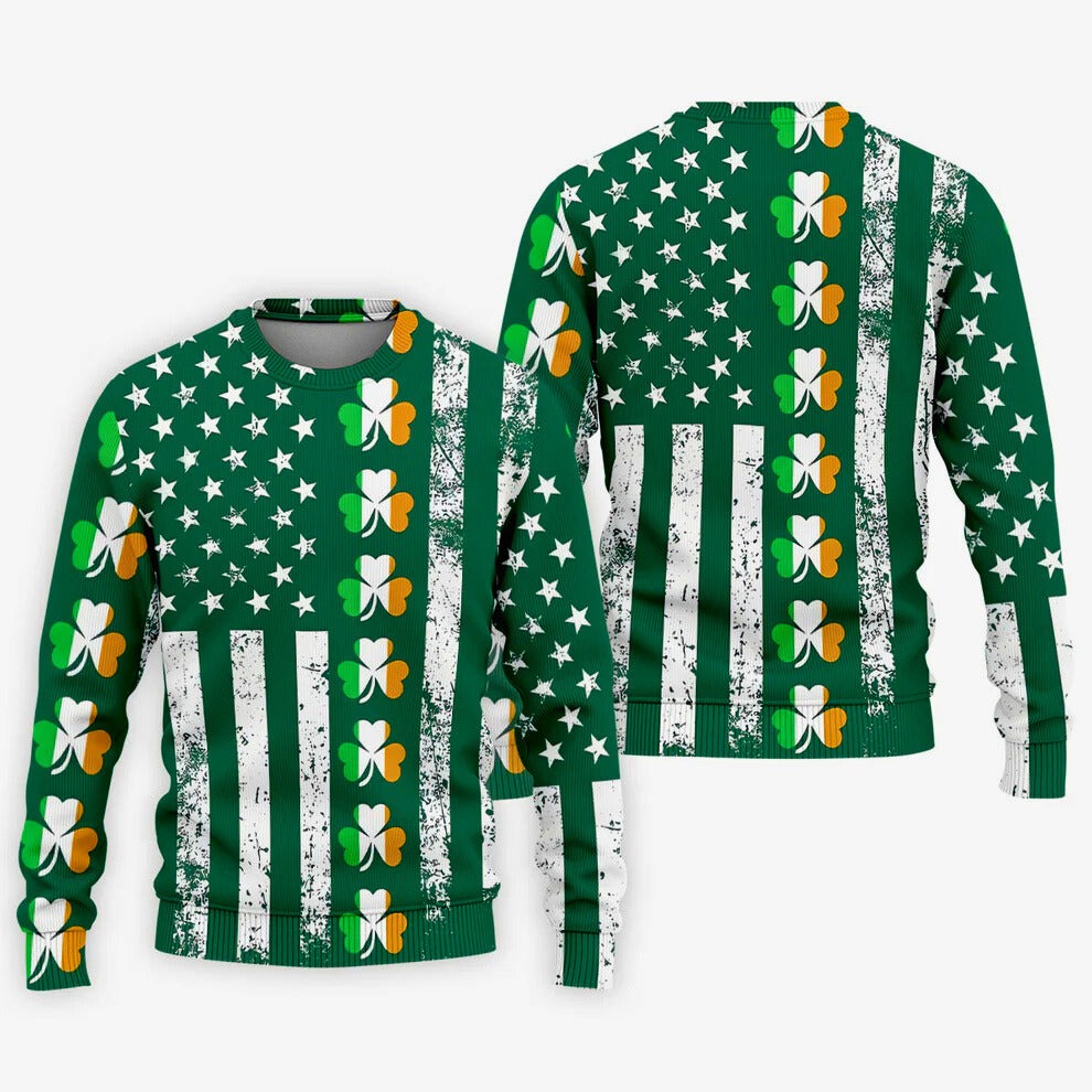 Irish American Flag St Patrick's Day Shirt, Shamrock Vertical Stripes Green Lucky Clover, Golf Shirts For Men