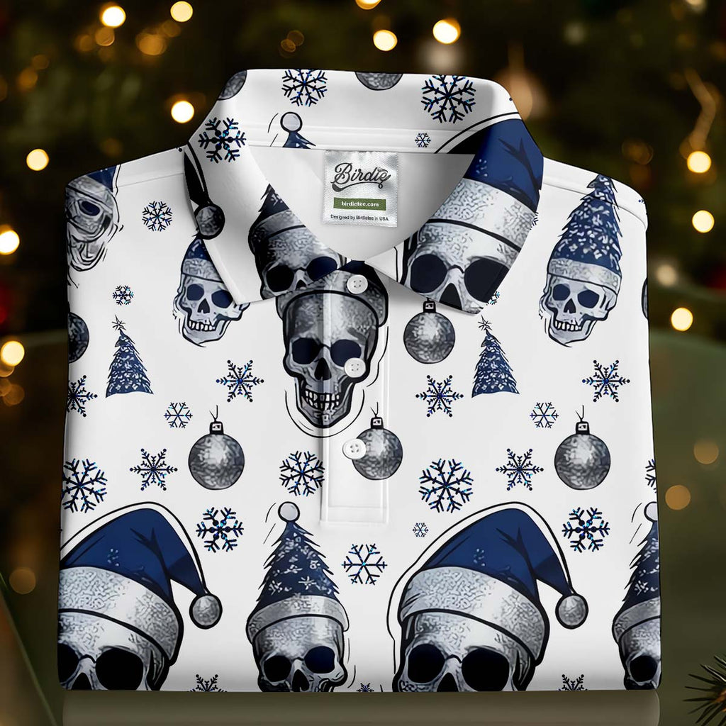 Vintage Skull Christmas Golf Shirt, White Polo Shirt Mens, Cool Golf Gift, Golf Shirts For Men