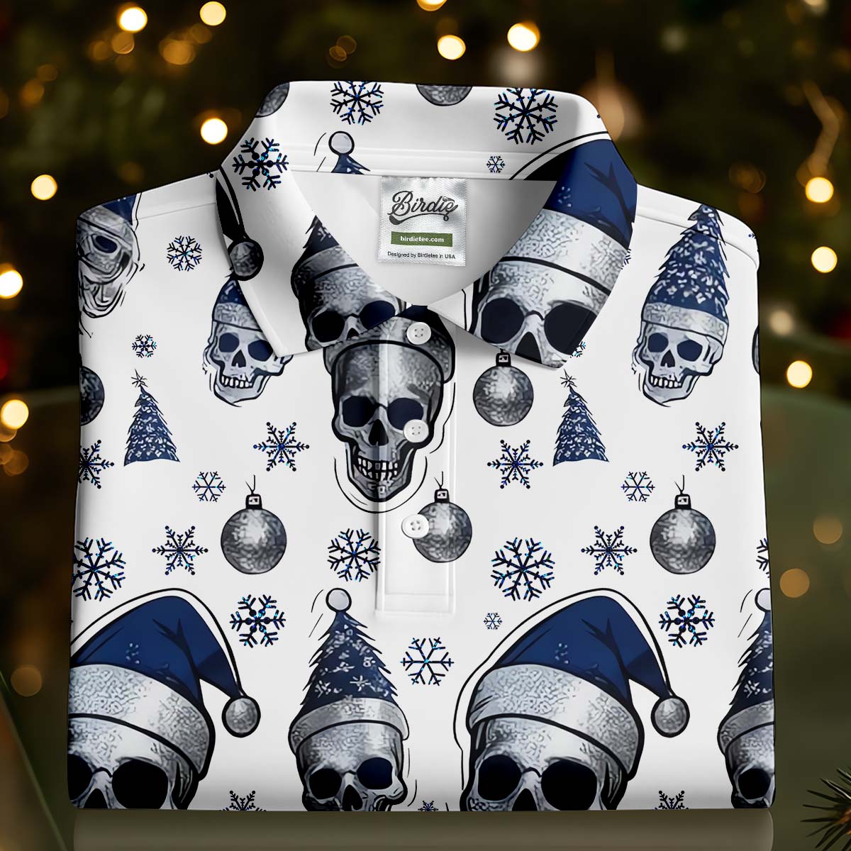 Vintage Skull Christmas Golf Shirt, White Polo Shirt Mens, Cool Golf Gift, Golf Shirts For Men
