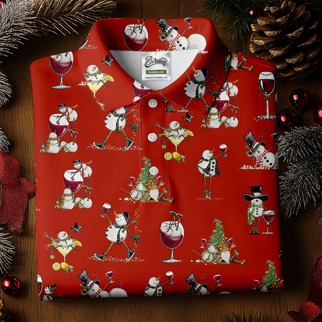Funny Snowman Drinking Wine Red Golf Shirt, Christmas Golf Shirt, Polo Shirts For Men, Golf Gift For Men