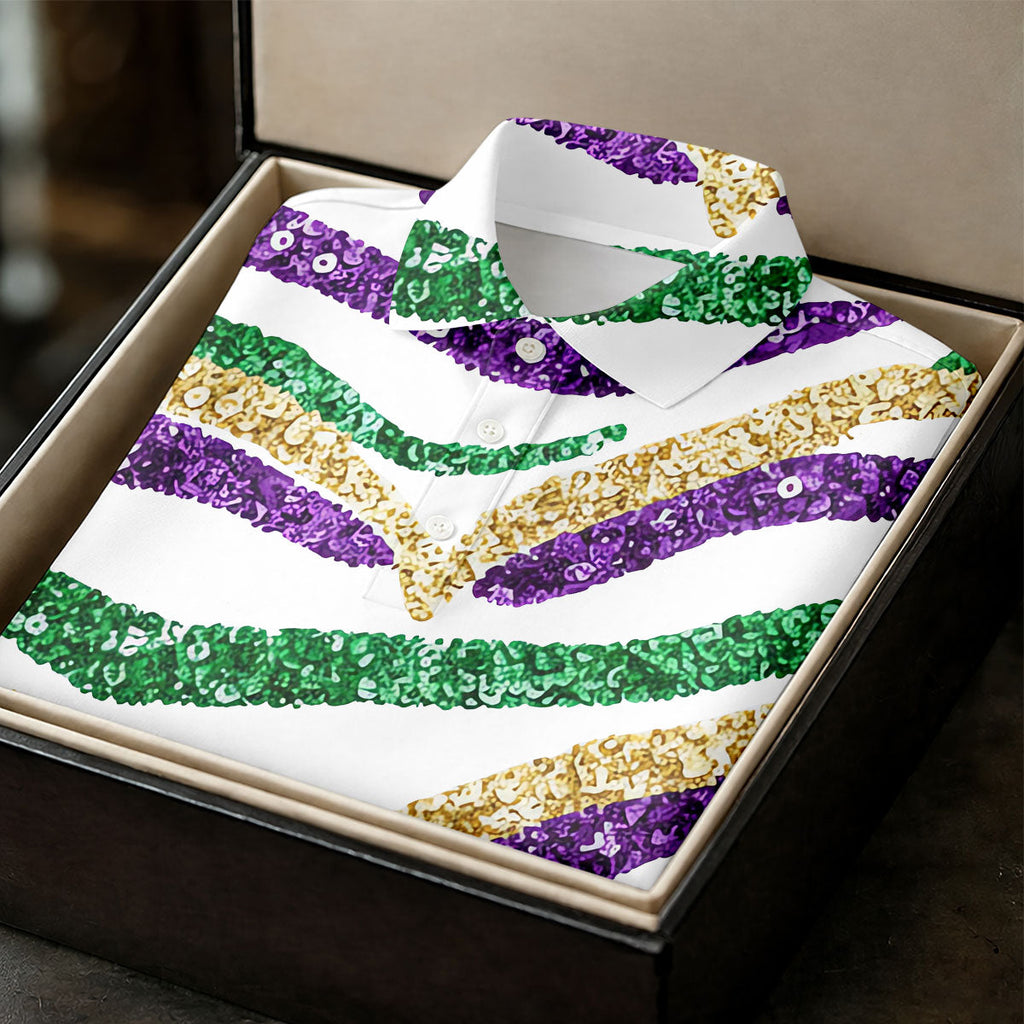 Purple Green Gold Sequin Pattern White Mardi Gras Golf Shirt, Polo Shirts For Men, Golf Shirts For Men