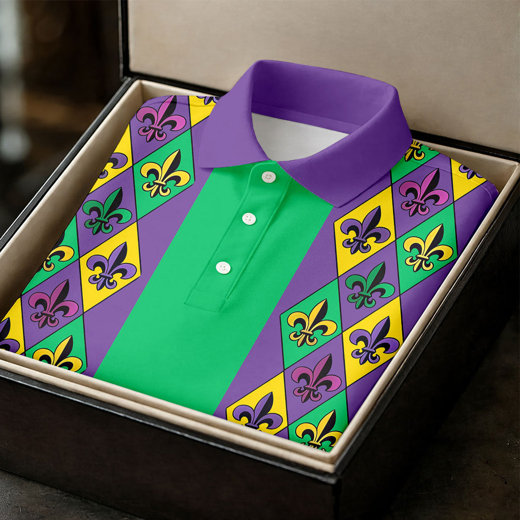 Purple Green Gold Fleur De Lis Argyle Pattern Mardi Gras Golf Shirt, Golf Shirts For Men, Polo Shirts For Men