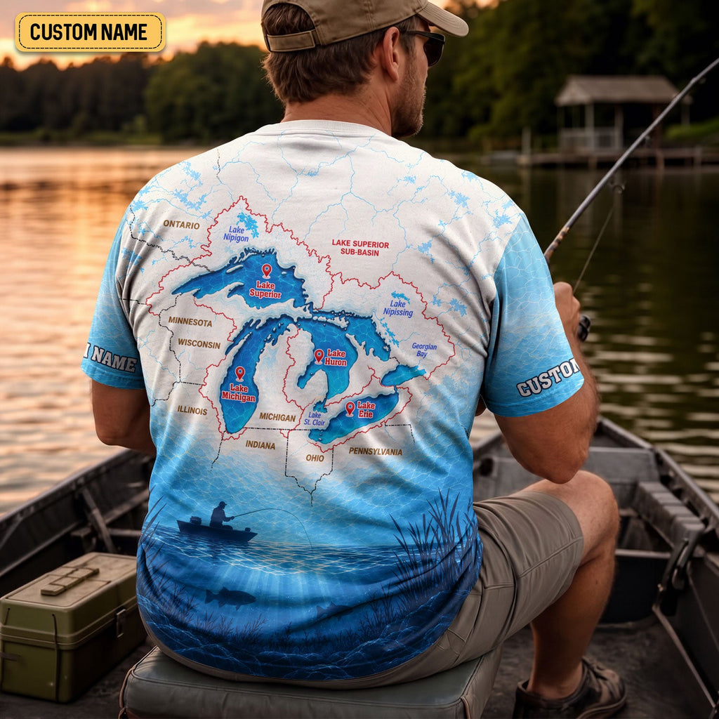 Personalized Great Lakes Fishing Map UPF Shirt, Mens Fishing Shirt, Fishing Apparel Shirt