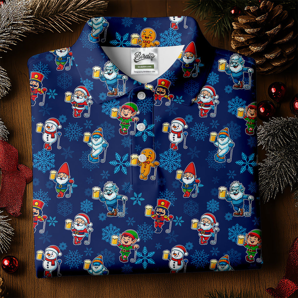 Christmas Characters Golf And Beer Navy Men's Funny Golf Shirts, Christmas Golf Shirt, Polo ShirtFor Men