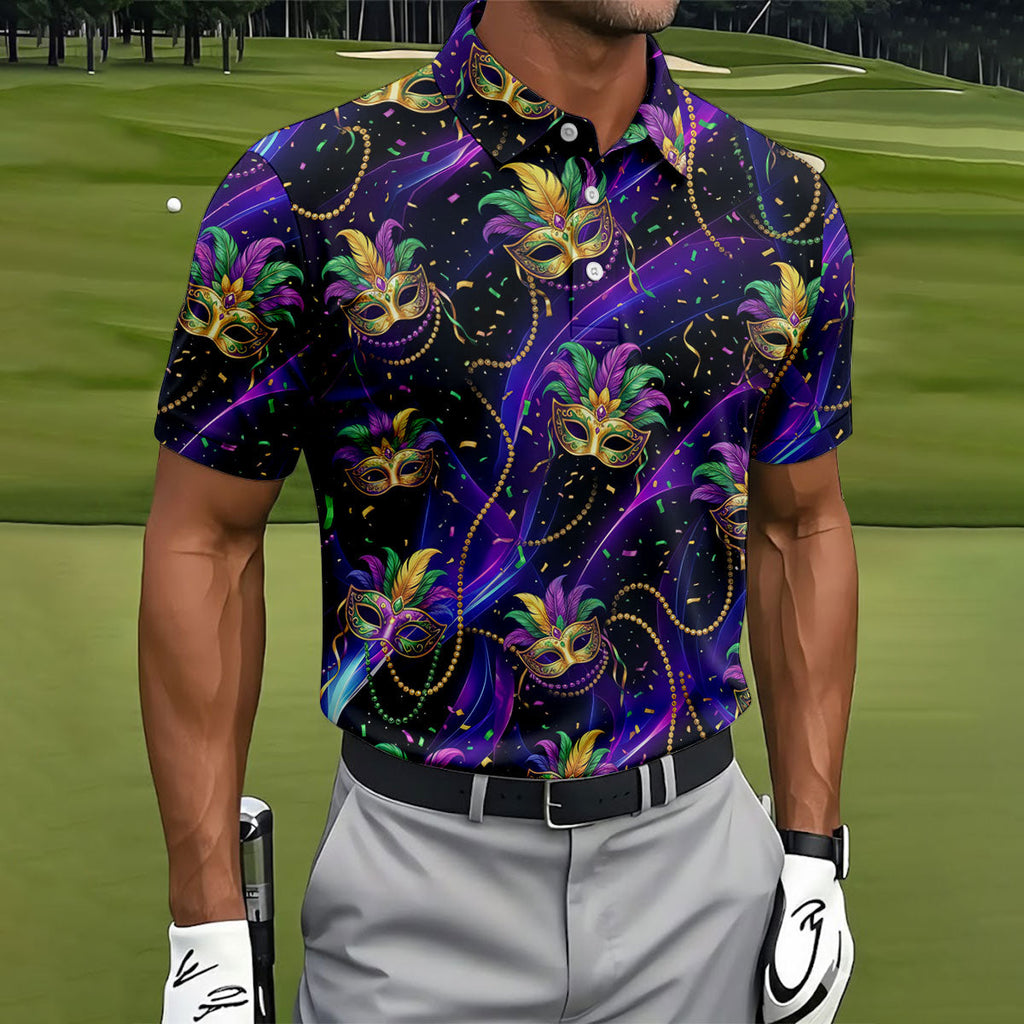 Mardi Gras Carnival Mask Neon Purple Black Golf Shirt, Men's Golf Polo Shirt Golf Shirts For Men
