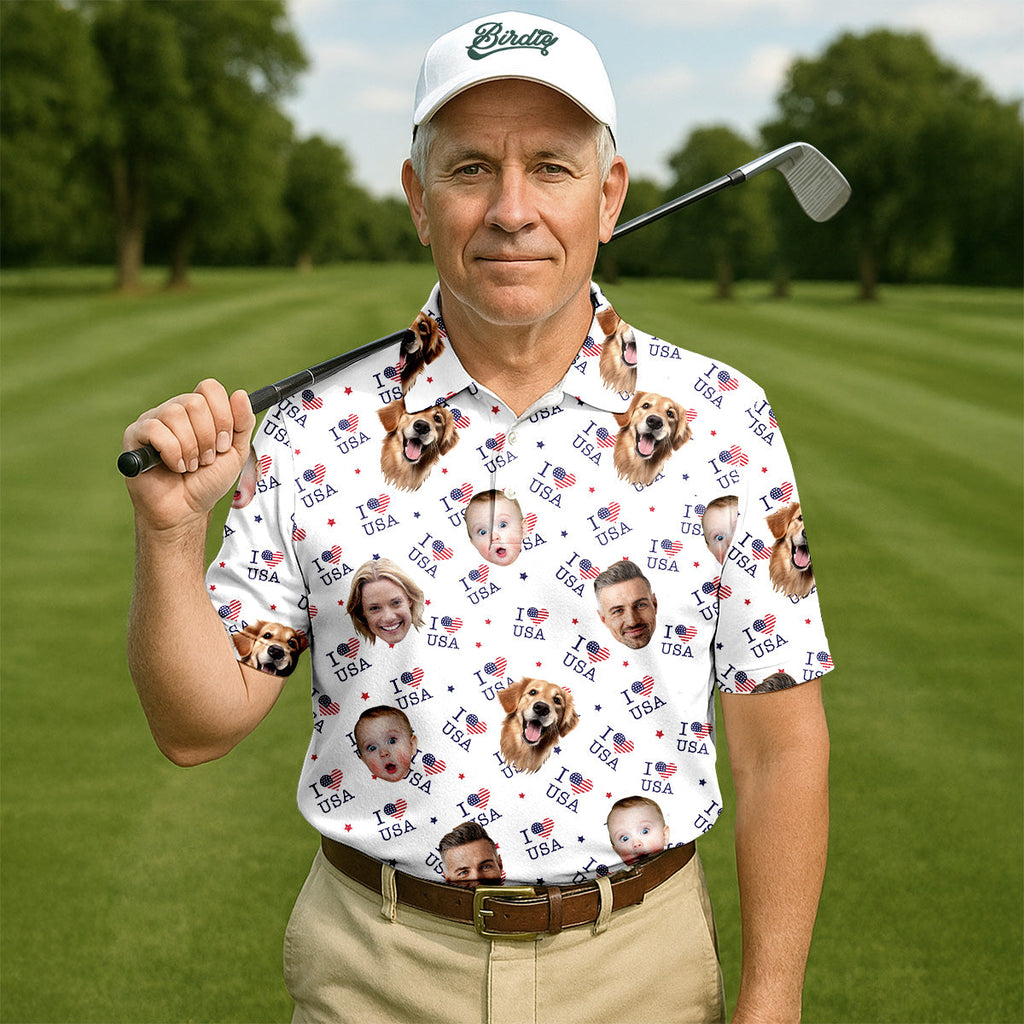 I Love USA Personalized Face Shirts, Men's Golf Polo Shirt, Patriotic Golf Polo Shirt, 4th Of July Shirt, USA Golf Shirt