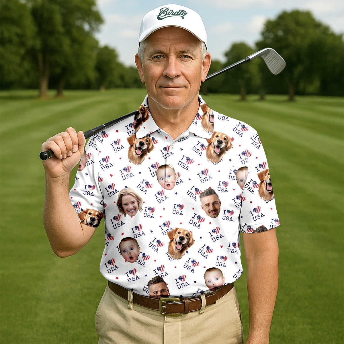 I Love USA Personalized Face Shirts, Men's Golf Polo Shirt, Patriotic Golf Polo Shirt, 4th Of July Shirt, USA Golf Shirt