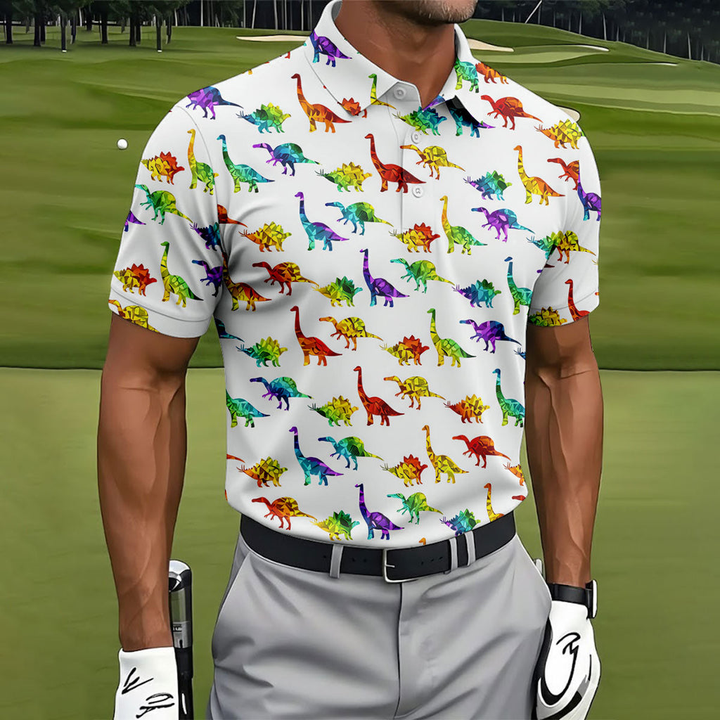 Colorful Dinosaur White Golf Shirt, Golf Tops For Men, Golf Shirts For Men, Polo Shirts For Men