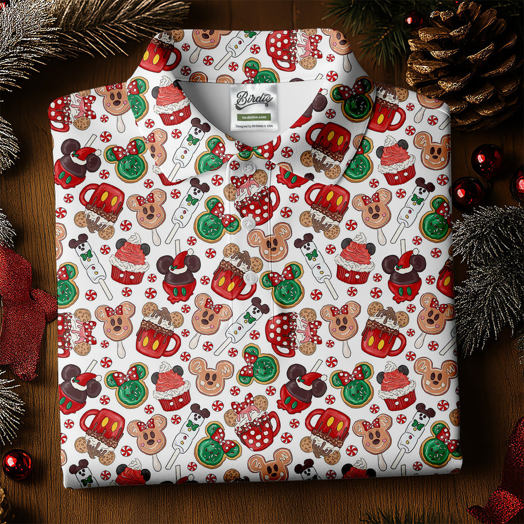 Cute Christmas Dessert Pattern Golf Tops For Men, Cartoon Character Polo Shirts For Men, Christmas Golf Shirt