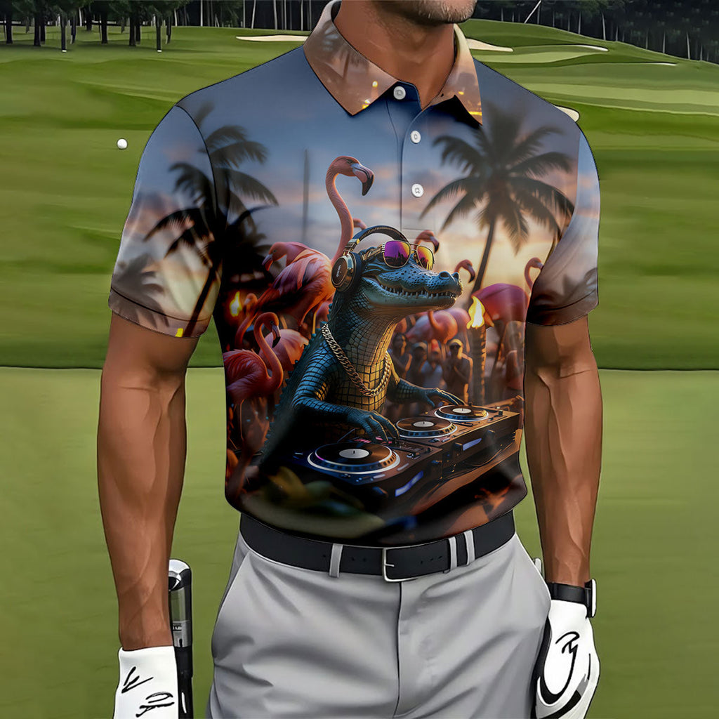 Funny Crocodile DJ Mardi Gras Festival Flamingo Golf Shirt, Polo Shirts For Men, Golf Shirts For Men