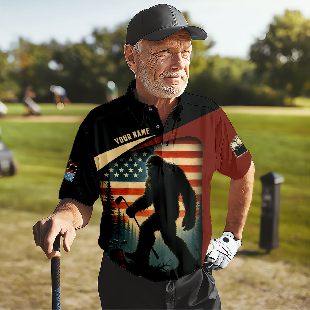 Bigfoot Golf Shirt, Patriotic Golf Polo Shirt Men's Long Seeve Golf Shirts, Golf Gifts For Men