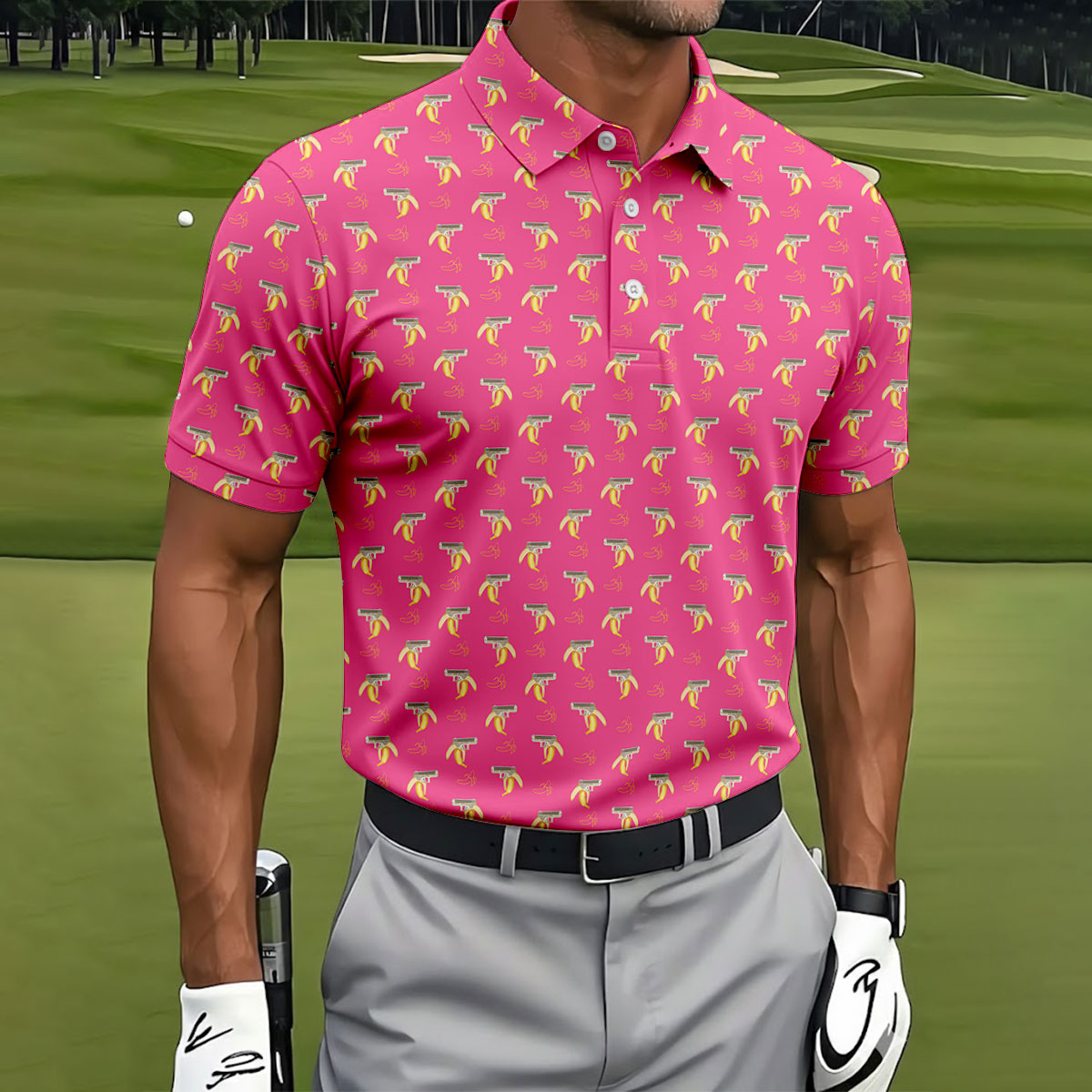 Funny Banana Hot Pink Golf Shirt, Golf Tops For Men, Golf Shirts For Men, Polo Shirts For Men