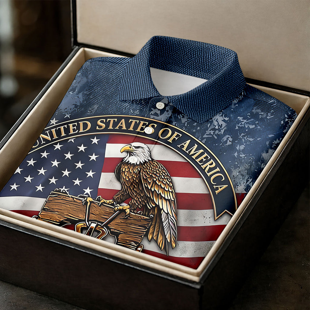 Patriotic Bald Eagle Liberty Bell Distressed Golf Shirt, 250 Years 4th Of July Golf Shirts For Men