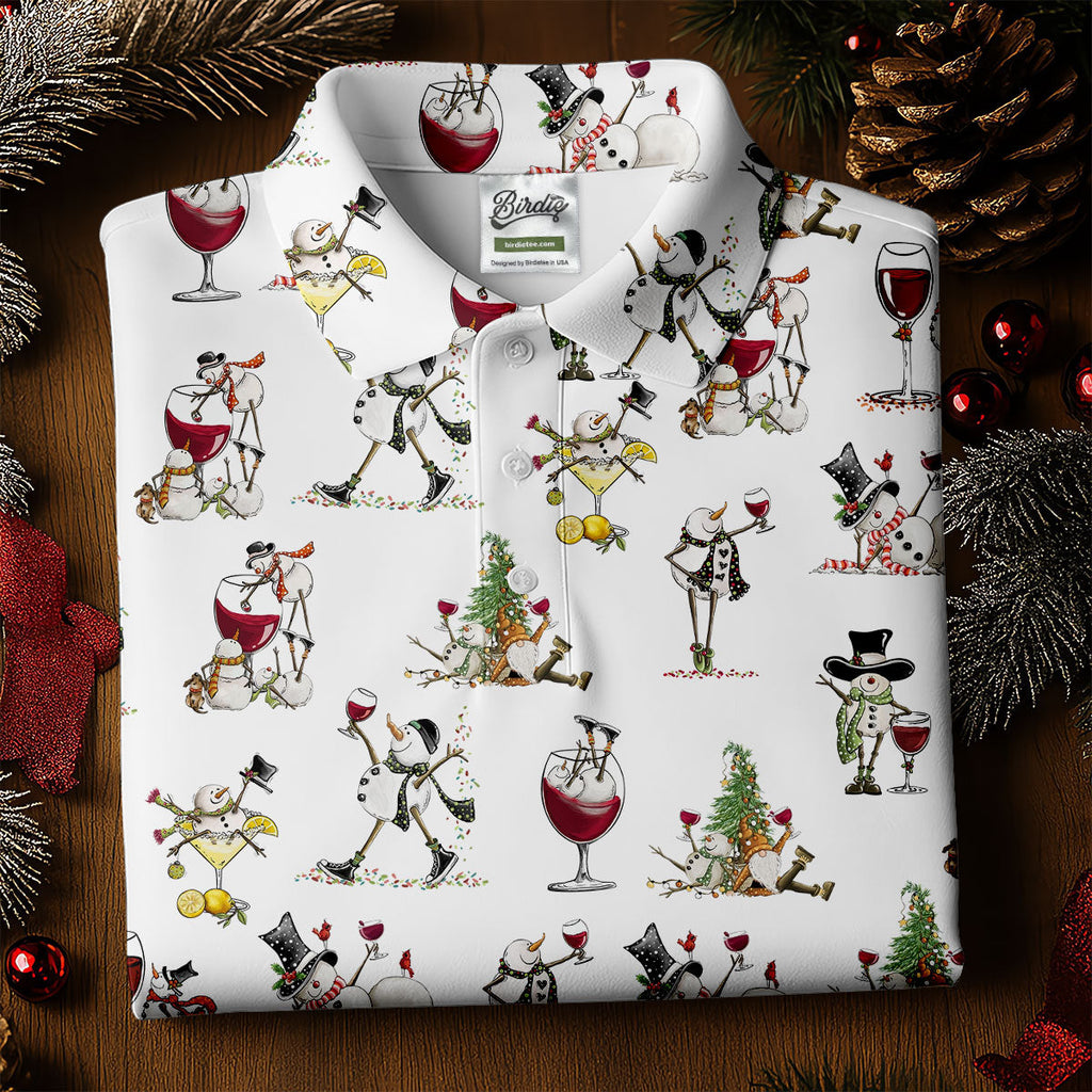 Funny Snowman Drinking Wine White Golf Shirt, Christmas Golf Shirt, Polo Shirts For Men, Golf Gift For Men