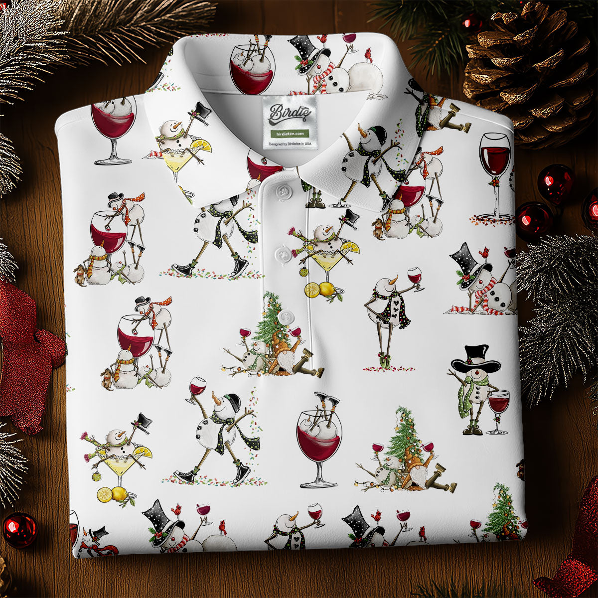 Funny Snowman Drinking Wine White Golf Shirt, Christmas Golf Shirt, Polo Shirts For Men, Golf Gift For Men