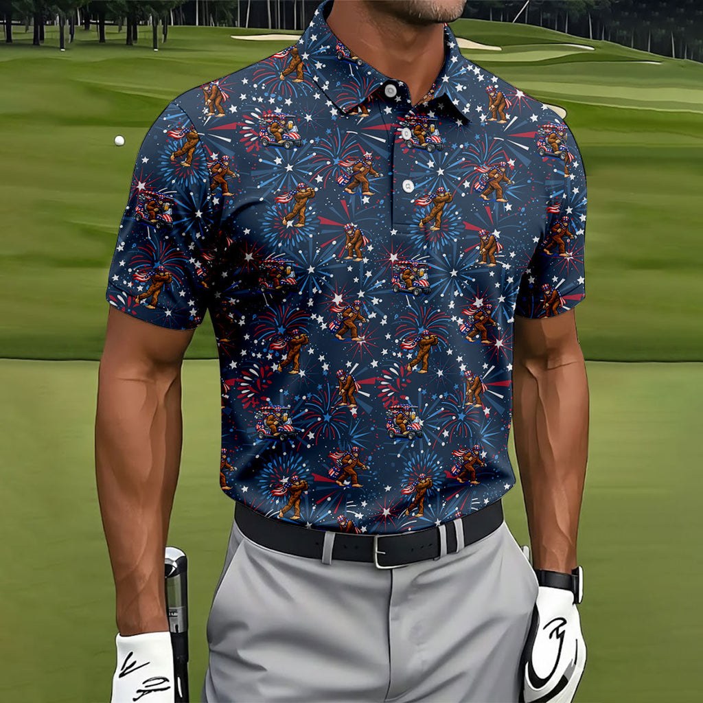 Funny Bigfoot Golf Pose Festive Vibe Navy 4th Of July Golf Shirts For Men, 250th Anniversary Patriotic Golf Shirt