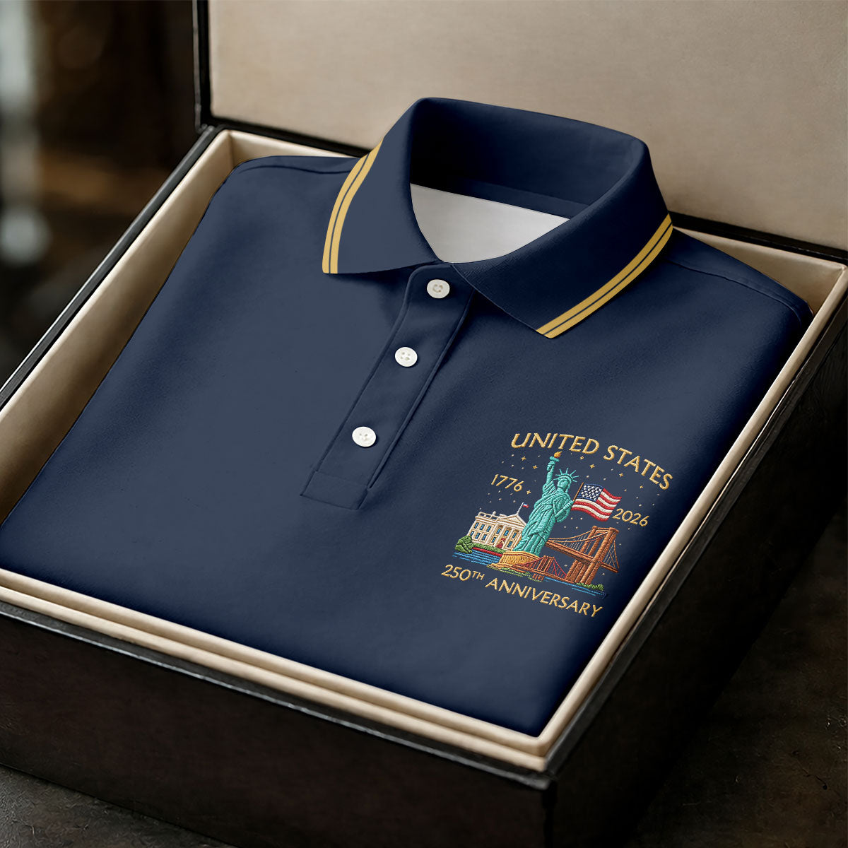 American Symbols Navy Patriotic Golf Shirt, US 250 Years 4th Of July Golf Shirts For Men